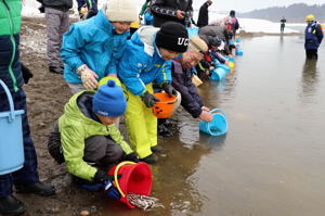 サケの稚魚を放流する児童の画像