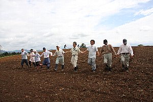 種を蒔く場所に並んで足跡をつける人たちの画像